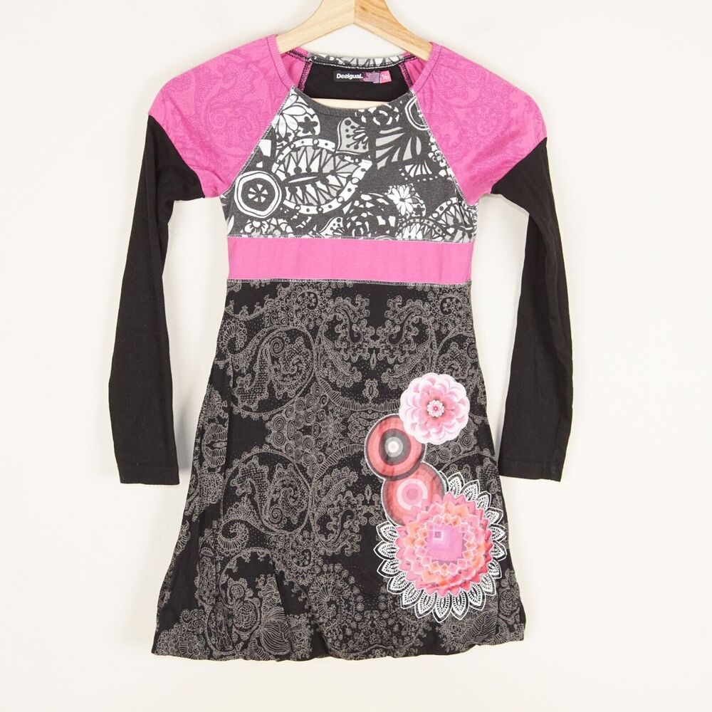 Desigual Long Sleeve Black Pink Paisley Print Bubble Hem Dress Girls Sz 9 - 10